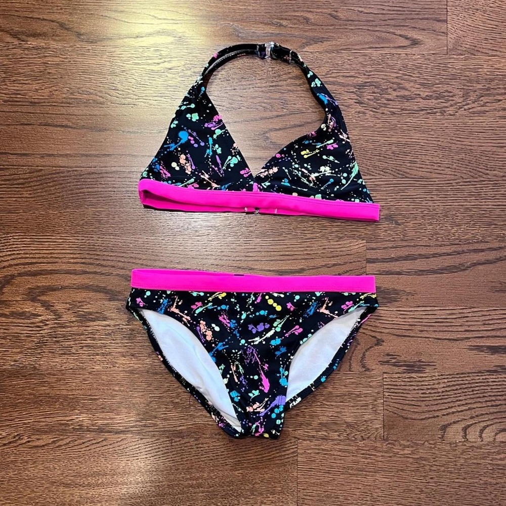 🍟Y2K Ocean Pacific Paint Splatter Bikini Neon Pink Halter Two Piece XXS